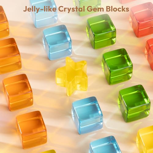 Image of Woodtoe Wooden Building Blocks Set for Kids, Rainbow & Tree Wood Frame - 24 PCS Acrylic Gem Cubes Stacking Blocks, Montessori Stacking Toys, Educational Birthday Toys Gift for Toddlers 3-6