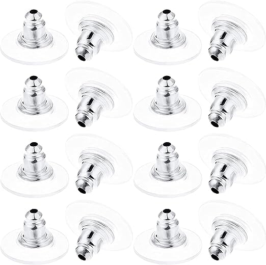 Image of KUMU JEWELLERY TOOLS (200 Pcs approx) Findings Silver Polish Bullet clutch with Silicone Rubber Pad / Earring Back Silver Nut / Earring Back Silver /Rodium Polish Metal Stopper Lock with Silicone or Rubber Pad / Earring Back Stopper / Earring Back Supporter / Earring Stoppers / Earring Post Back Stopper Silver.(Silver100 Pairs Approx)