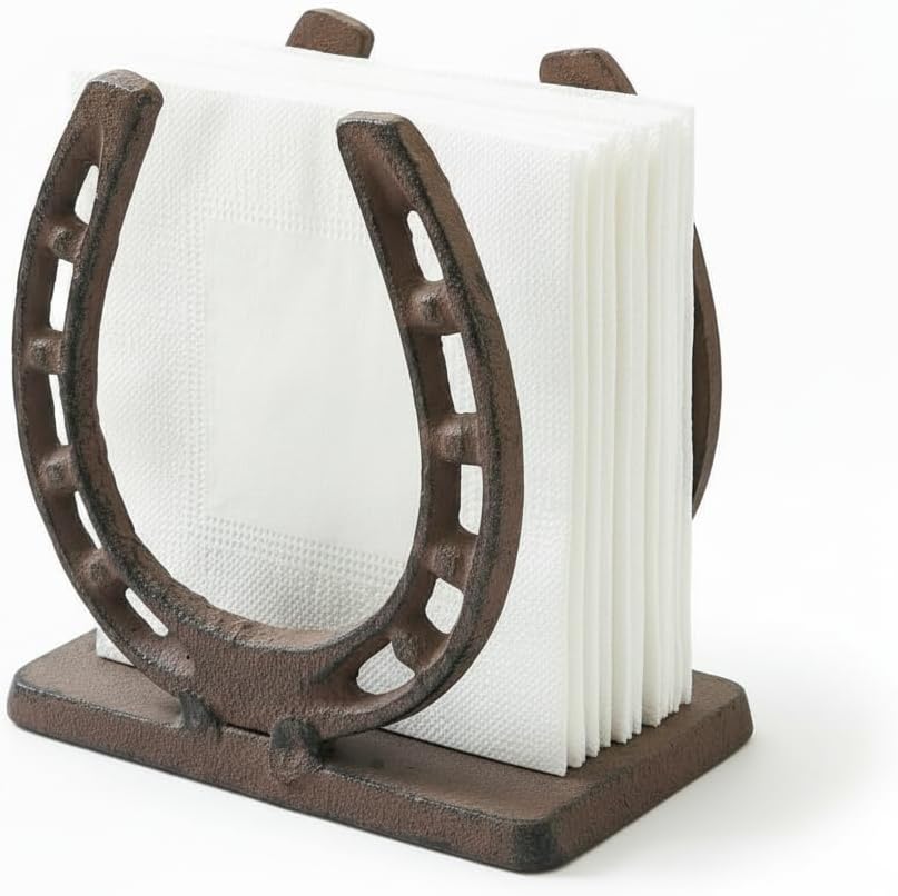 Comfy Hour Heavy Duty Cast Iron Horseshoe Napkin Holder, Rustic Farmhouse Napkin Dispenser for Table, Weighted Western Decor for Kitchen Countertop, Outdoor Picnic & BBQ, Antique Brown
