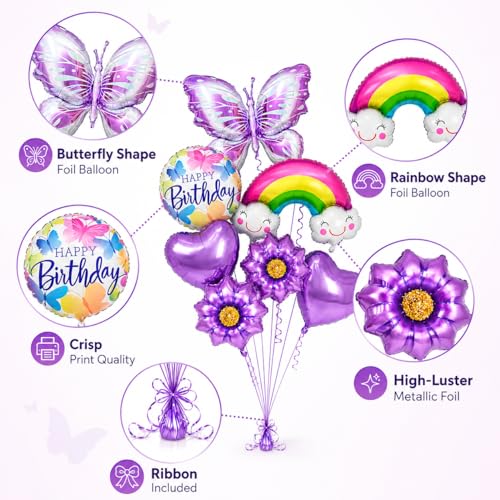 Image of AMFIN (Pack of 8) Butterfly Theme Birthday Balloon Bouquet Purple Metallic Finish Foil Women Girls Decoration Item Kit Rainbow Flower