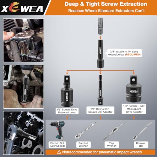 Image of XEWEA 15PCS Bolt Screw Extractor Set, Long Slim CR-MO Multi Spline Easy Out