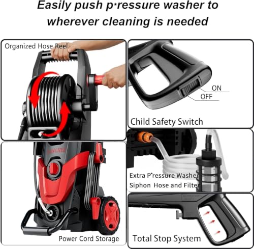 Image of 2026Upgraded Pressure Washer 4800PSI w /4 Quick Connect Nozzles, Inlet Hose & Filter&500ML Soap Tank, High Cleaning Machine for Cars /Fences /Driveways /Patios /Home Cleaning,Red