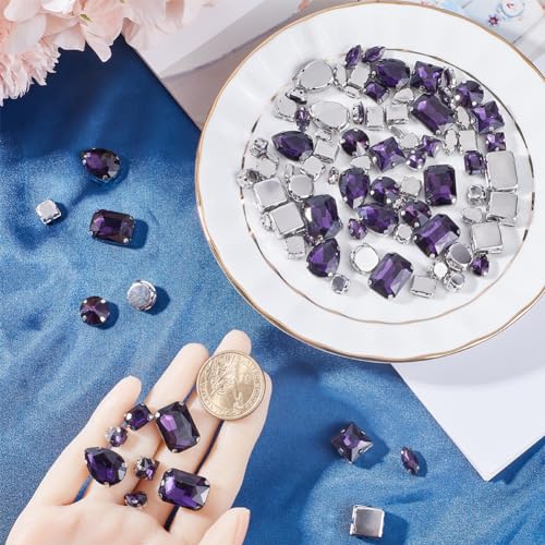 GORGECRAFT 1 Box 100Pcs 10 Styles Sew On Rhinestones Purple Glass Rhinestone Silver Claw Flatback Gemstones with 4 Holes Teardrop Round Square Mix Shape Size Sewing Gems for DIY Embellishments Crafts - Image 3