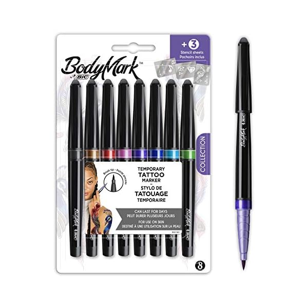 BodyMark by BIC, temporäre Tattoos in 8 Farben, geruchsarme & schnell trocknende Tattoo Stifte für die Haut mit 3…
