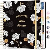CAGIE 2026 Planner Weekly and Monthly Dec 2025–Dec 2026 Hardcover Planner with Pockets, 13 Month Large Black Flowers Calendar Planner with Stickers Tabs, Spiral Bound Yearly Calendar Planner​ for Women, 8.3' x 9.3'