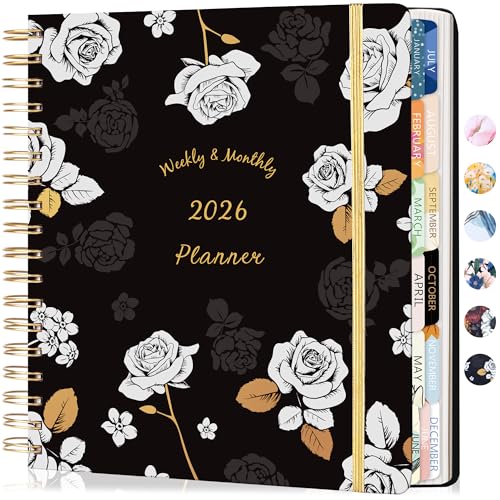 CAGIE 2026 Planner Weekly and Monthly Dec 2025–Dec 2026 Hardcover Planner with Pockets, 13 Month Large Black Flowers Calendar Planner with Stickers Tabs, Spiral Bound Yearly Calendar Planner​ for Women, 8.3" x 9.3"