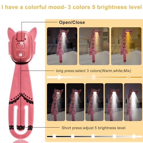 Image of MILA&LOUIS Rechargeable Book Lights for Reading at Night Portable Bookmark & Clip On USB Booklight for Readers in Bed Adjustable Brightness Small Cute LED Bedside Reading Lamp for Travel (Pink)