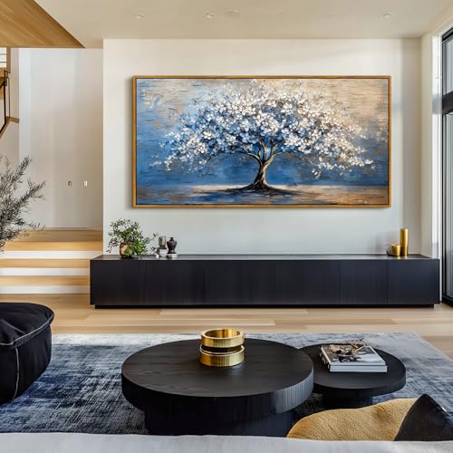 SERIMINO Tree of Life Wall Art, Framed Wall Art Large Artwork, Cherry Blossom Tree Abstract Paintings Prints, Nature Canvas Art Wall Decor, Blue Neutral Pictures for Living Room Bedroom Office 30"X60"
