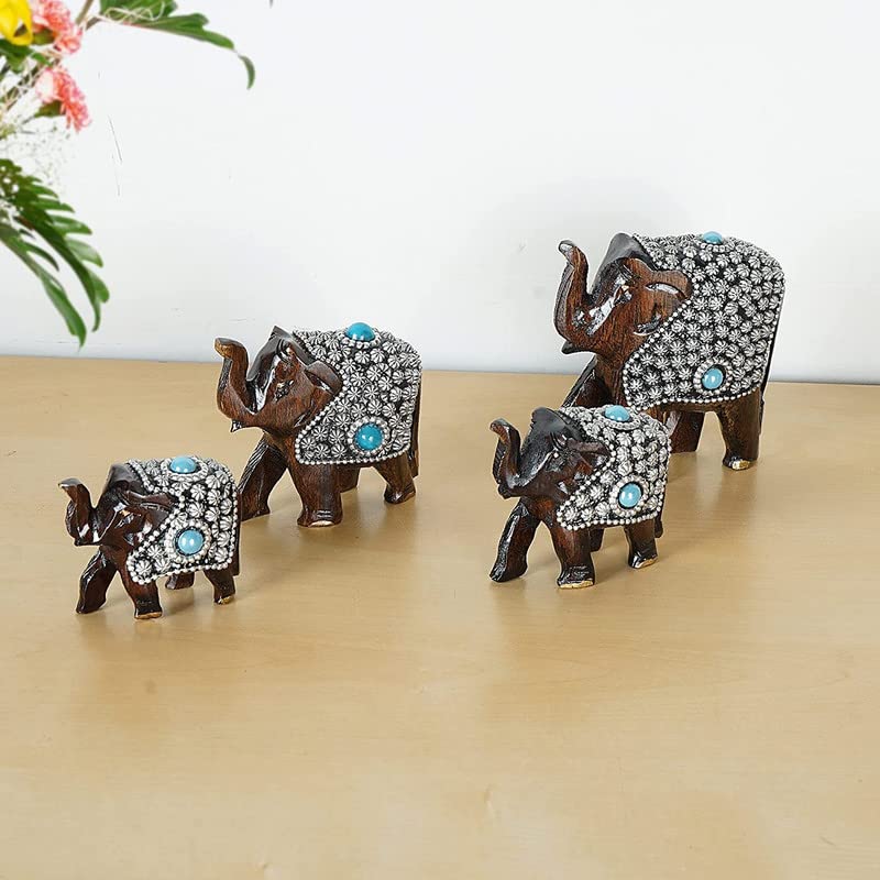 Éléphant en bois Meenakari fait main lot de 4 pour une décoration de salon haut de gamme