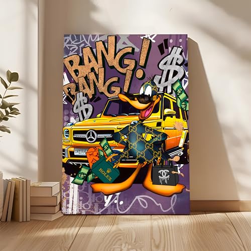 Image of Luxury Street Pop Art Duck Canvas Wall Art Painting For Living Room | Money & Success Graffiti Style Art Painting | Modern Wall Decor for Home & Office, 56x86 cm