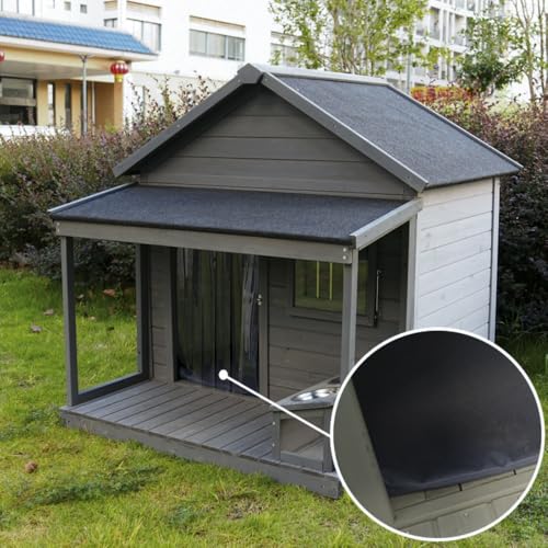 Pisipe 犬小屋屋外用ドッグハウス ナチュラル木製 防雨加工 四季対応 愛犬用 屋外室内兼用 頑丈 保温 大型犬 中型犬 ペットベッド (屋上バルコニーユニット + ドアカーテン + マット + ドッグボウル)