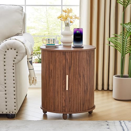 Image of 18 inch Fluted Round Nightstand with Charging Station,Mid Century Small Round Bed Side Table with Storage for Living Room, Walnut Color Wood End Table with Silding Door for Bedroom (1Pcs, Walnut))