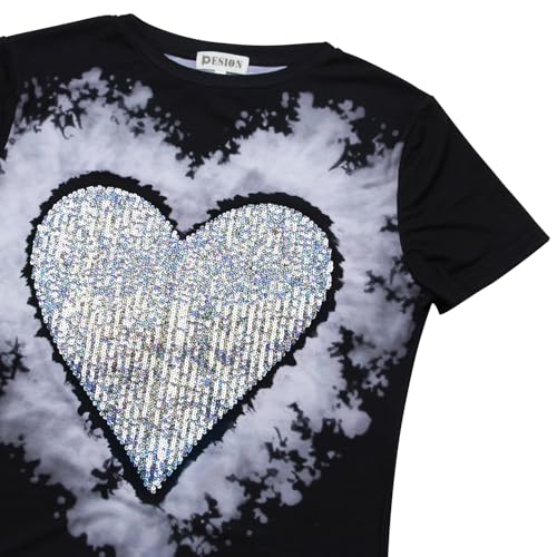 Image of PESION Womens Short Sleeve T-Shirt Sequined Tops O-Neck Funny Graphic Tees Blouse