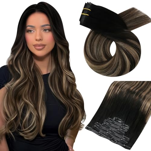 Moresoo Seamless Clip in Hair Extensions Human Hair Balayage PU