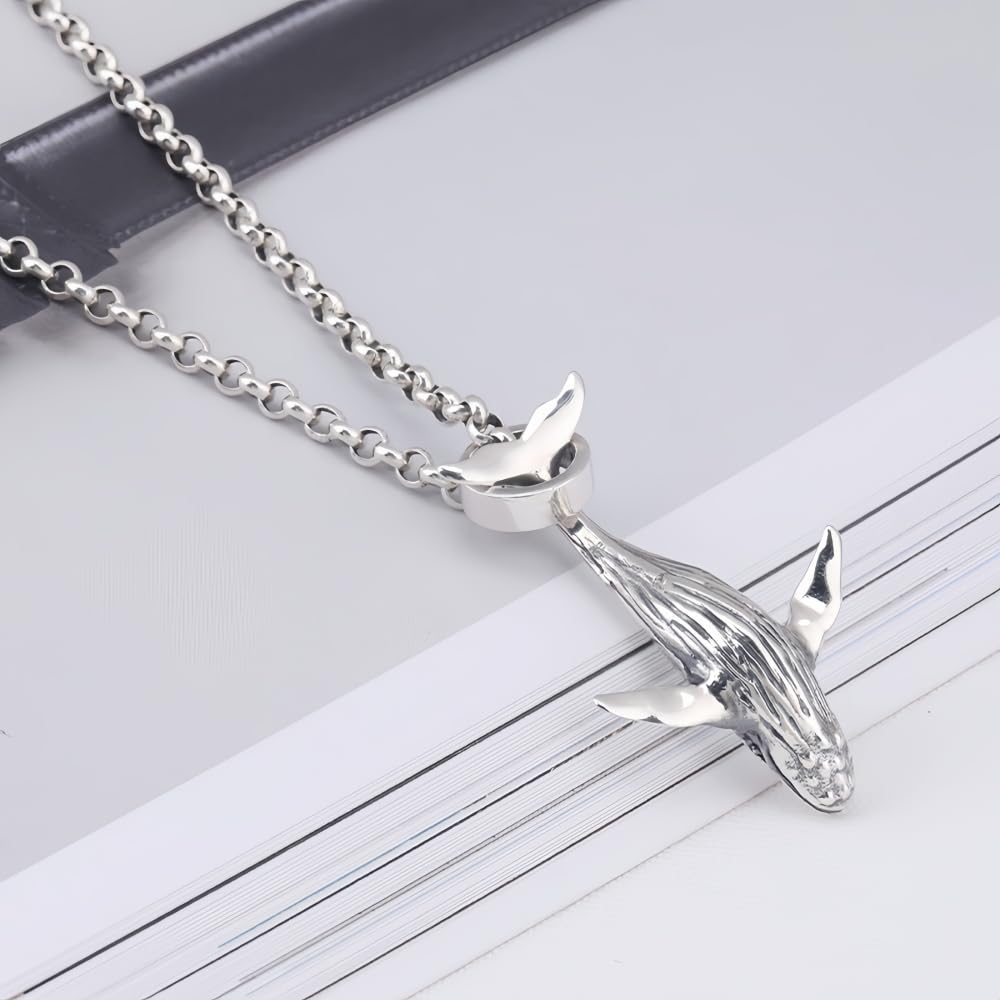 Vintage 925 Sterling Silber Buckelwal Anhänger Halskette für Männer Frauen 20 Zoll Linkkette