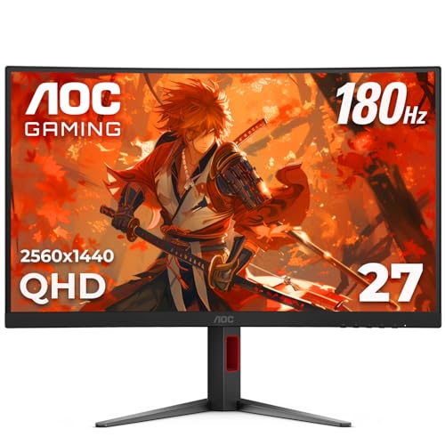 AOC CQ27G4H 27″ Curved Gaming Monitor, QHD 2K 2560×1440, 1500R VA, 180Hz 0.5ms, AMD FreeSync Premium, Height Adjustable Stand, Xbox PS5 Switch Compatiable, 3-Year Zero-Bright-dot