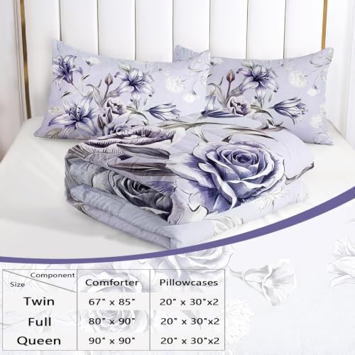 Image of AILONEN Silver Bloom Comforter Set Full Size, Blue Garden Bedding Ensemble, Vintage Rose Bedspread Quilt with 2 Pillowcases for Guest Room