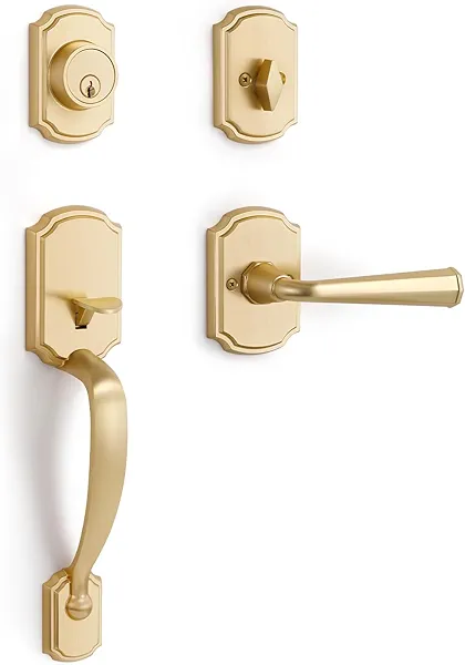 SORWDUERM 1 Pack Gold Front Door Handle and Deadbolt Set Reversible Lever Entry Lock Handleset with Key Single Cylinder