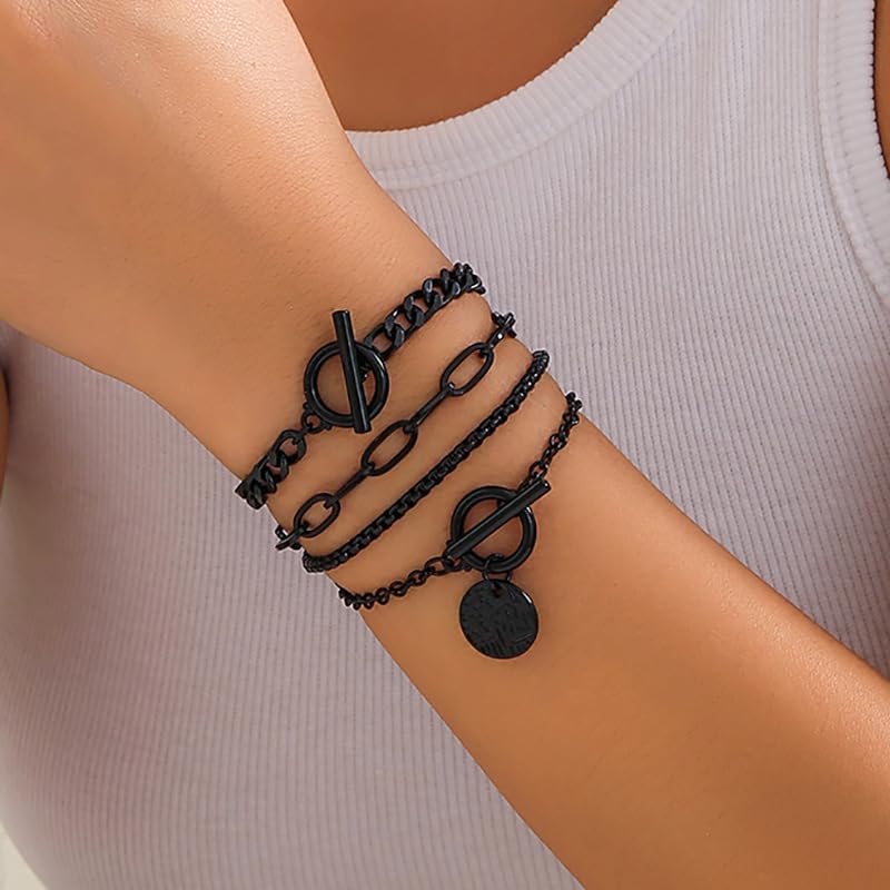 4Pcs Goth Black Stackable Bracelets Set for Women Gothic Statement Gold Coin OT Buckle Bracelet Vintage Paperclip Chain Y2k Party Hallowmas Jewelry Gifts4