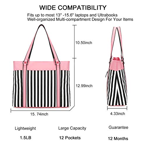 Women Laptop Tote Bag For Work Canvas Computer Handbag Purse Shoulder Bag Lightweight Canvas Laptop Bag For 15.6 Inch (Black Stripe-Pink) #TOP1