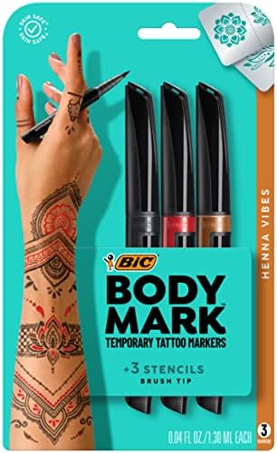 BIC BodyMark Temporary Tattoo Markers for Skin (MTBP31HN-AST), Henna Vibes, Flexible Brush Tip, 3-Count Pack of Assorted Colors, Skin-Safe*, Cosmetic Quality