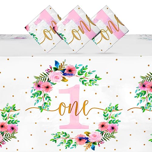 Image of BLUE PANDA 3 Pack Floral Plastic Tablecloth for Baby Girl's 1st Birthday Party Supplies (54 x 108 in)