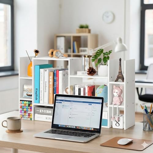 Image of YIGANG Desk Shelf Organizer, 3-Tier Desktop Bookshelf for Computer Desk, Small Tabletop Hutch Storage Rack, Wood Office Supplies Organizer for Dorm, Home & Student (29 Inch Wide)，White