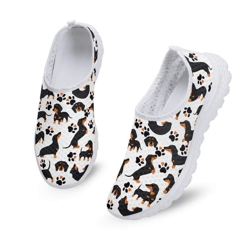 Kuiaobaty Damen-Wanderschuhe, Schweine-Welpen-Blumenmuster, zum Reinschlüpfen, leicht, für Arbeit, Freizeit, atmungsaktiv, Netzstoff, flacher Trainer, Dackel-Hundepfoten, 39 EU
