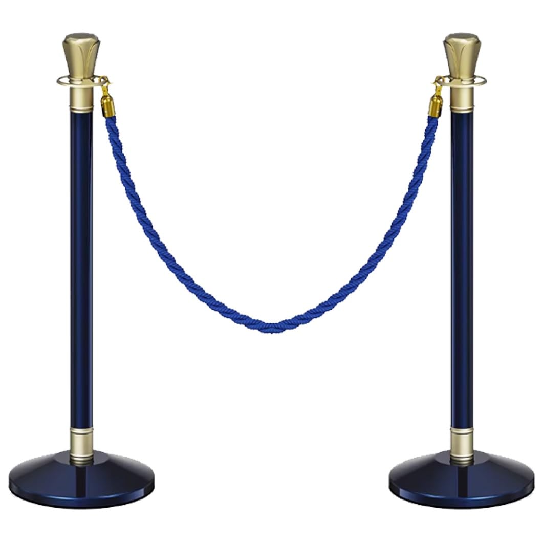 Aioneer Stainless Steel Stanchion Post Set 39.3" Crowd Control Barriers With 4.9Ft Ropes Durable Queue Poles For Events Commercial Grade Stanchions-Blue-2 Pack