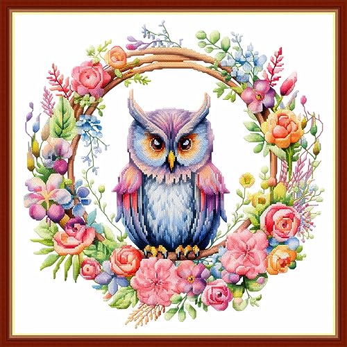 Image of Findvoor Stamped Cross Stitch Kits for Beginners Full Range of Cross Stitching Embroidery Pattern for Adults, 11CT DIY Needlepoint Embroidery Starter Kits-Owl Wreath 17.7x17.7 inch