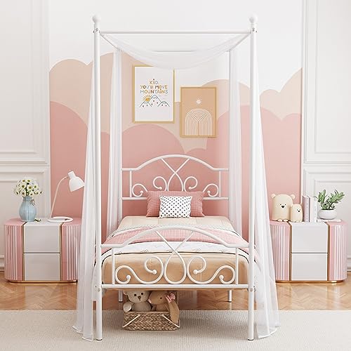 Weehom MANTIZ-TW-WH Twin Canopy Bed Frame With Headboard And Footboard Metal Four Posters Curtains Design Mattress Foundation Bed Platform Underbed Storage Space No Box Spring Needed thumb #1