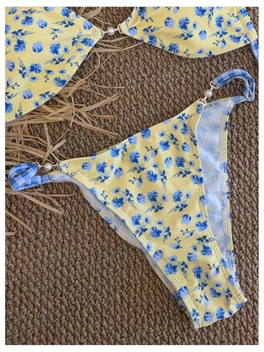 Image of RoseSeek Women's Floral Print Cheeky Bikini Sets Pearl Decor Halter Triangle High Cut String Thong Swimsuits
