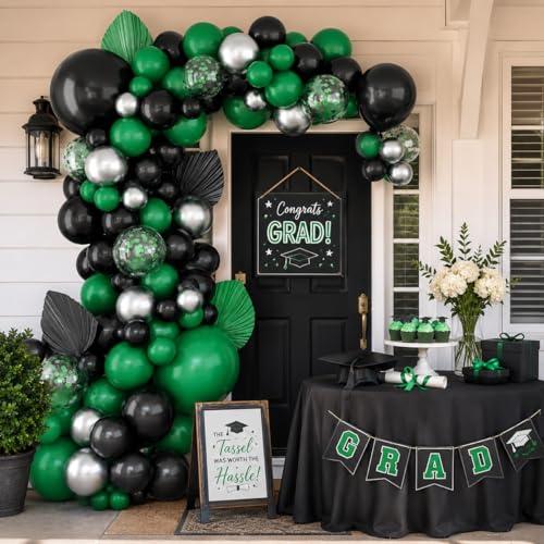 Image of Black Green Balloon Garland,BTZO Balloons Arch Kit With Metallic Silver Confetti Balloon,Black and Green Balloons for Birthday Wedding Bridal Shower Graduations Party Decorations