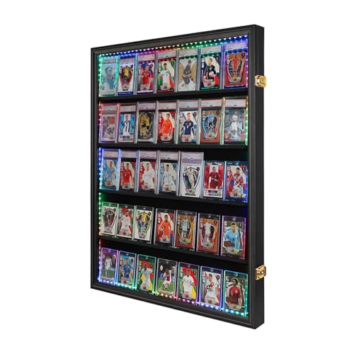Image of KCRasan 35 Graded Sports Card Display Case with LED -Baseball Card Display Frame Lockable - Trading Card Collector Wall Display Holder for Basketball Football Hockey Cards, UV Protection Acrylic