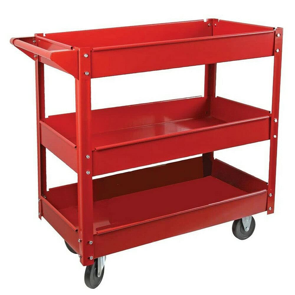 TAHA® 3 Level Garage Trolley Cart Tool Heavy Duty Workshop Wheel Cart Shelf Red.