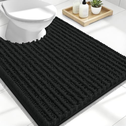Image of OLANLY Toilet Rugs U Shaped 24x20, Thick Soft and Absorbent Chenille Contour Bath Mat, Non-Slip Rubber Backing, Machine Washable Quick Dry Toilet Mat, Home Decor Accessories, Black