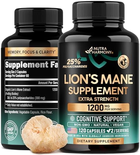 Lions Mane Supplement Capsules - Organic Lions Mane - Made in USA - Fruiting Bodies Extract - 1200 mg, 25% Polysaccharides - Memory & Focus - As Lions Powder, Liquid - 120 Capsules, 2 Month Supply