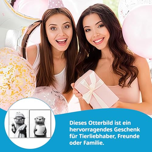 RzuoQnt 2-teiliges Wandbild-Set fürs Badezimmer: Niedliches Otter-Wandbild, Vintage-Otter-Motiv in Schwarz-Weiß, rahmenlos, geeignet für WC und Badezimmer, 20 x 30 cm