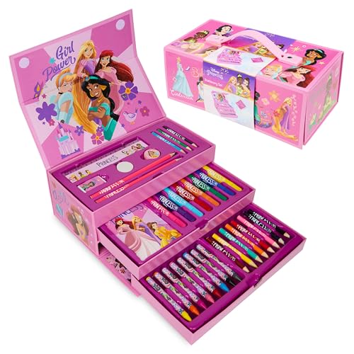 Disney Stitch Kids Kit de desenho de lápis de cor para meninas, meninos, papelaria com bloco de notas, marcadores de giz de cera, estojo de viagem, presentes para crianças (princesas rosa)