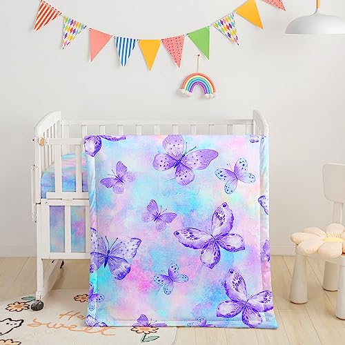 Image of Crib Bedding Set, 3-Piece Nursery Crib Bundle with Comforter, Crib Sheet & Skirt, Watercolor Butterfly Printed Bedding for Baby Boys & Girls (Butterfly Purple)