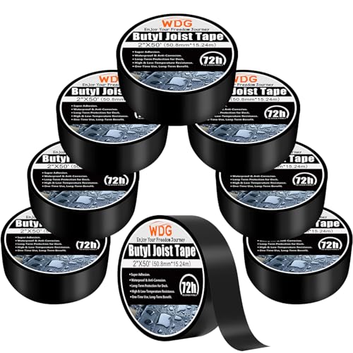 WDG Joist Tape for Decking 2\" x 50\', 8 Pack Weatherproof Butyl Sealant Tape, Waterproof and Anti-Corrosion for Wood Deck Joists, Beams & RV Roof Leak Repair