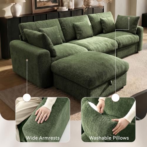 Image of Ihanherry Cloud Sectional Couches for Living Room, 110 inch Large Modular Sectional Sofa with Wide Deep Seat, L Shaped Couch with Throw Pillow and Storage Ottoman, Green