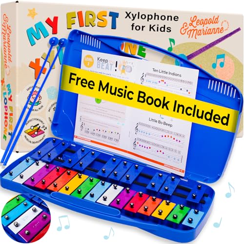 Glockenspiel Xylophone for Kids Ages 3-8 | 25 Notes Chromatic Musical Instrument Toy with Music Book & Play-Along Videos | Color Metal Keys, 2 Mallets, Blue Carry Case for Toddlers & Preschoolers