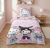Aymax Parure de Lit Hello Kitty and Friends, Polycoton, Housse de Couette 135x200 cm + Taie d'oreiller 80x80 cm, avec Kuromi et My Melody