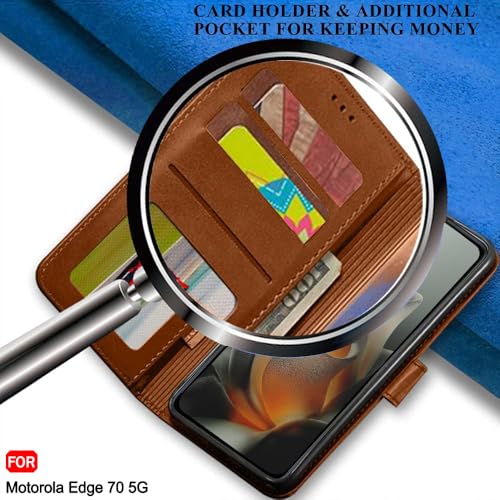 Image of TheGiftKart Flip Cover Back Case for Motorola Moto Edge 70 5G | Genuine Leather Finish | Designer Button | Inbuilt Pockets & Stand | Wallet Style Flip Case Cover for Moto Edge 70 (Faux Leather, Brown)