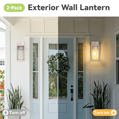 Image of Outdoor Wall Light Fixtures, Rustic Exterior Wall Sconces, 2-Pack, 12 In | Outside Light Fixtures with Tempered Glass for Porch, Garage, Patio, Anti-Rust White Hand-Brushed, Wood-Grain, Waterproof