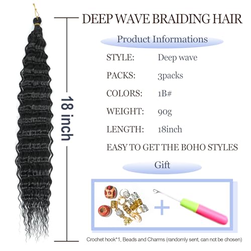 MLETULIPS Crochet Hair Extensions Wavy Soft Synthetic Braiding Hair for Black Women (1B, 18 inch (Pack of 3)) - Image 2