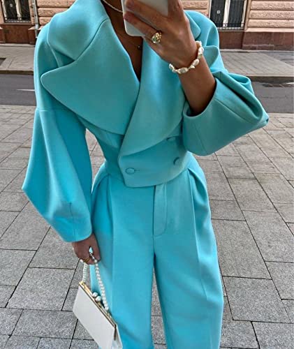 SOMTHRON Women's 2 Piece Outfits Notched Lapel Double Breasted Trench Coat Cropped Blazer Wide Leg Pants set4