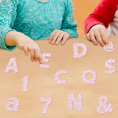 Image of Colarr 216 Pcs Glitter Bulletin Board Letters for Classroom Number Alphabet Punctuation Symbol Cutout 4'' Die-Cut Poster Letter with Adhesive Dot School Party Holiday Decor Display(Iridescence Pink)