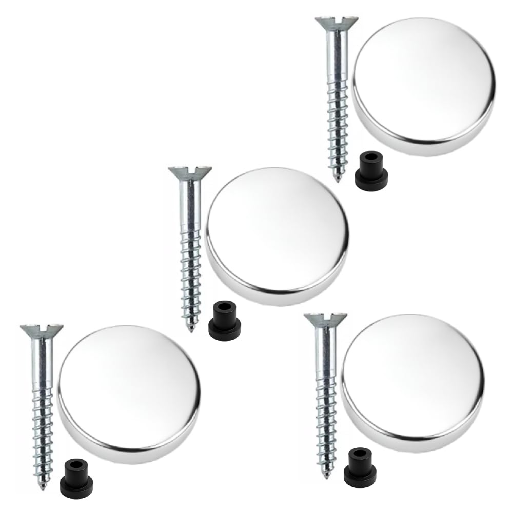Pack of 4 Mirror Screws 32mm Zinc with Rubber Washers – 25mm Polished Chrome Flat Caps, Waterproof Decorative Fixings